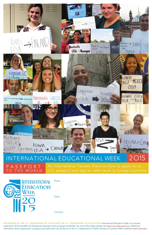 Internationaler Bildungswoche 2015-Plakat mit einer Gruppe strahlender Menschen, die Schilder mit veranstaltungsbezogenen Texten halten