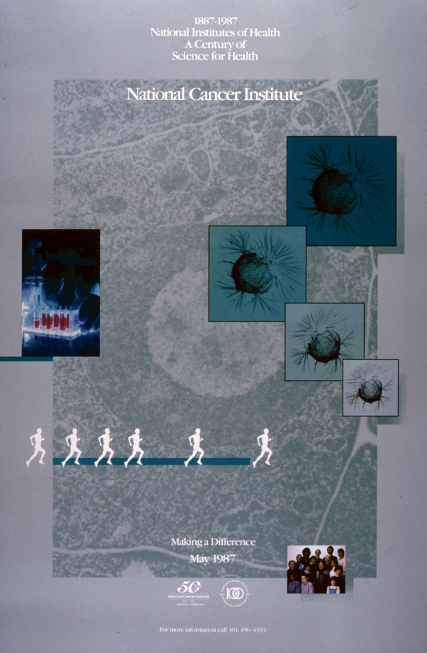 Buntes Plakat für das National Cancer Institute mit blauem Hintergrund, weißer Schrift in Fettschrift, die 'National Cancer Institute' liest, und überlappender Kreisanordnung von Menschen verschiedenen Alters, Geschlechts und Ethnien.