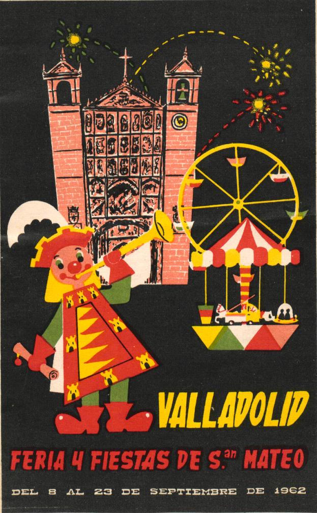 Ein farbenfrohes Karnevalsposter aus Valladolid, Spanien, mit einem Gebäude, einem großen Riesenrad, einem Spielzeug und festlicher Schrift.