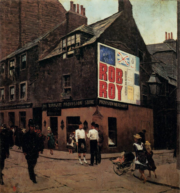 Ein Gemälde, das Menschen zeigt, die vor einem Gebäude mit Fenstern und einer Tafel mit der Aufschrift "Rob Roy - The Kirkgate Provision Store" die Straße entlanggehen.