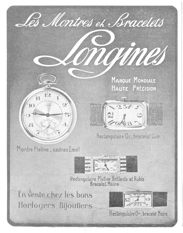 Vintage-Werbetafel für eine Longines-Uhr aus den 1920er-Jahren mit detaillierten Uhrendarstellungen und klassischer Typografie in gedämpften Blautönen und Grautönen.