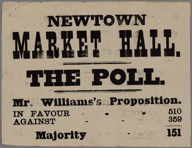 Papier mit handgeschriebenem Text, der "Newtown Market Hall, die Wahl, Mr. Williams' Proposition für gegen Mehrheit." lautet.