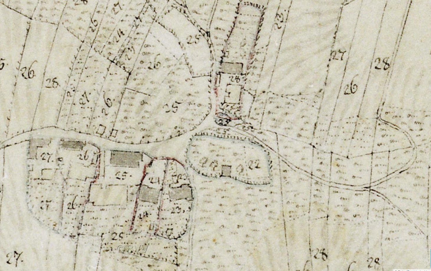 Detailierte alte Stadtkarte mit nummerierten Gebäuden, Straßen und Text, die eine vorgeschlagene Baustelle am unteren Rand angeben.