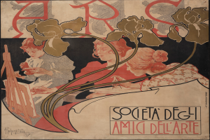 Ein Plakat, das die Gesellschaft für Kunst von Alphonse Mucha ankündigt, zeigt eine farbenfrohe Illustration von drei einzigartig gestalteten Personen auf einem hellgelben Hintergrund mit der schwarzen, fetten Schrift "Gesellschaft für Kunst".