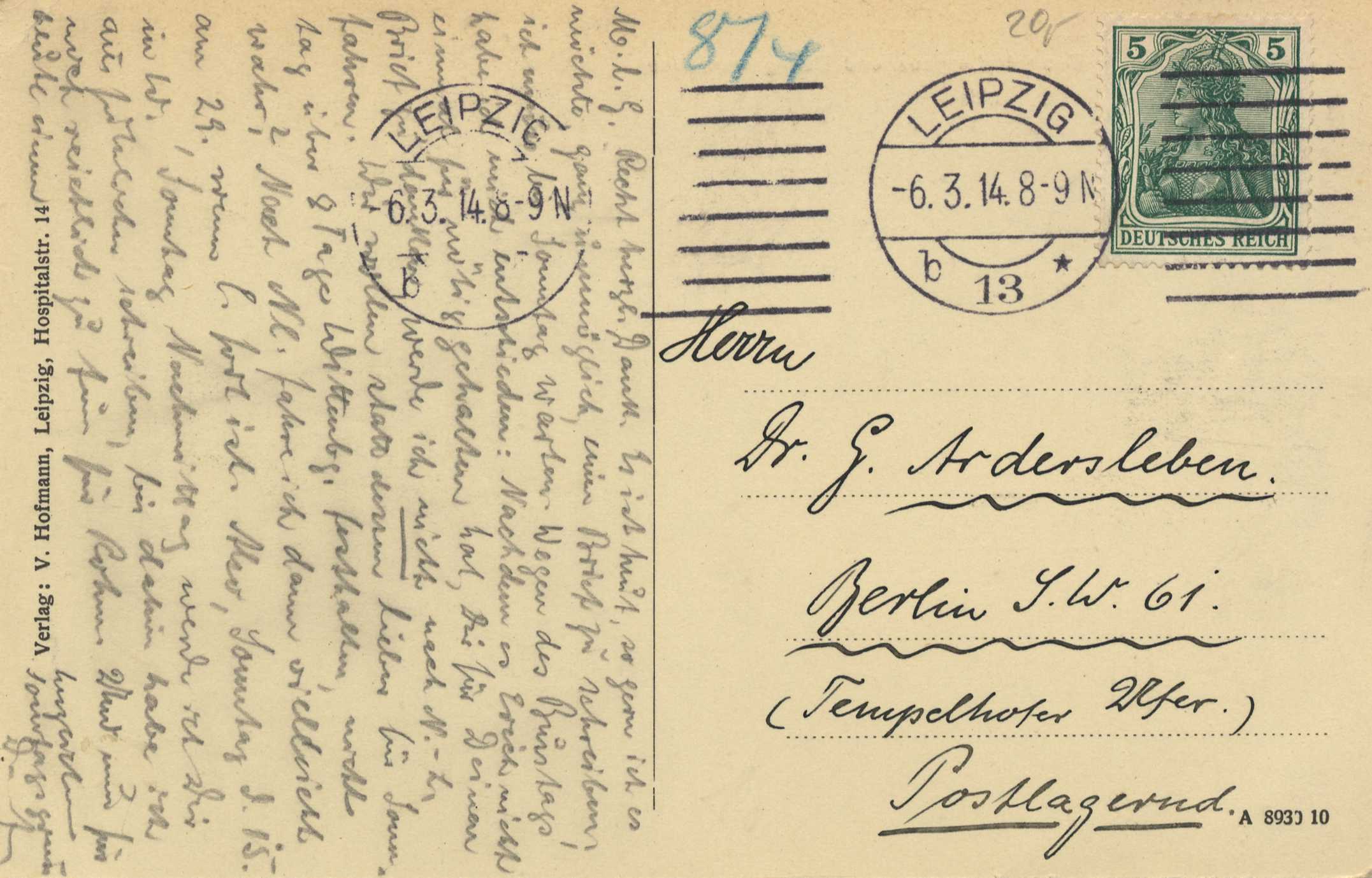 Eine alte Postkarte mit einer Briefmarke, adressiert an ein Krankenhaus in Leipzig, Deutschland, mit Text auf beiden Seiten.