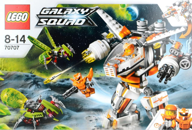 Ein Plakat mit einem von animierten Personen bedienten Roboter, mit künstlichen Vögeln, Planeten, Boden, Sternen, einem Wasserzeichen und Text.