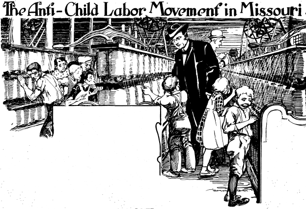 Ein Plakat zeigt die Anti-Kinderarbeit-Bewegung in Missouri, auf dem eine Gruppe von Menschen in traditioneller Kleidung zu sehen ist, einige stehen, einige sitzen, mit Gesichtsausdrücken der Furcht und Verzweiflung und Text oben und unten mit der Aufschrift "Die Anti-Kinderarbeit-Bewegung in Missouri."