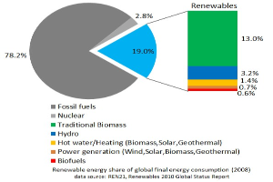 Tortendiagramm, das den globalen Verbrauch erneuerbarer Energien im Jahr 2008 zeigt, aufgeschlüsselt nach Quellen wie fossile Brennstoffe, Kernenergie, Wasser, Heizung, Biomasse, Solarenergie, Geothermie und Biokraftstoffe.