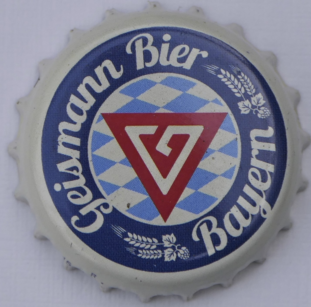 Eine Flaschenkappe mit einem blauen und weißen Karomuster und der Aufschrift "Deutsches Bier".