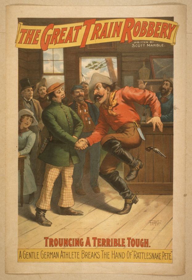 Ein Plakat, das eine Gruppe von Menschen zeigt, die drinnen stehen, einer hält eine Waffe, mit Text oben und unten: "Der große Zugraub - Trouching a Terrible Tough".