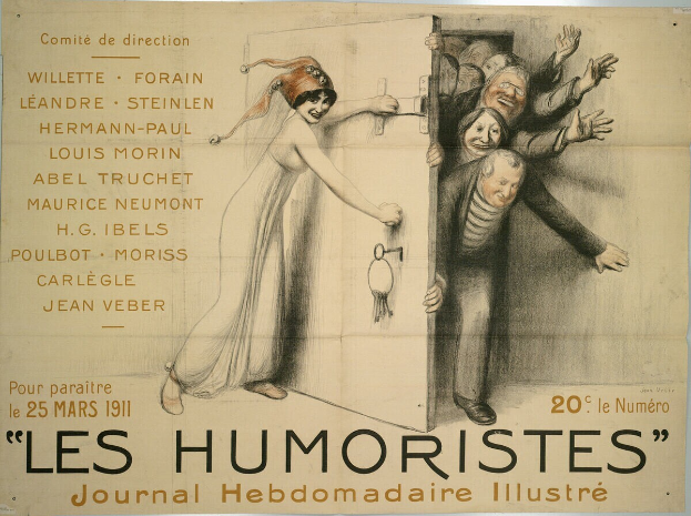 Ein Plakat an einer Gebäudewand mit einer Gruppe lachender, fröhlicher Menschen und der Schrift "Les Humoristes Journal Hebdomadaire Illustré" in fetter Schrift oben drauf.