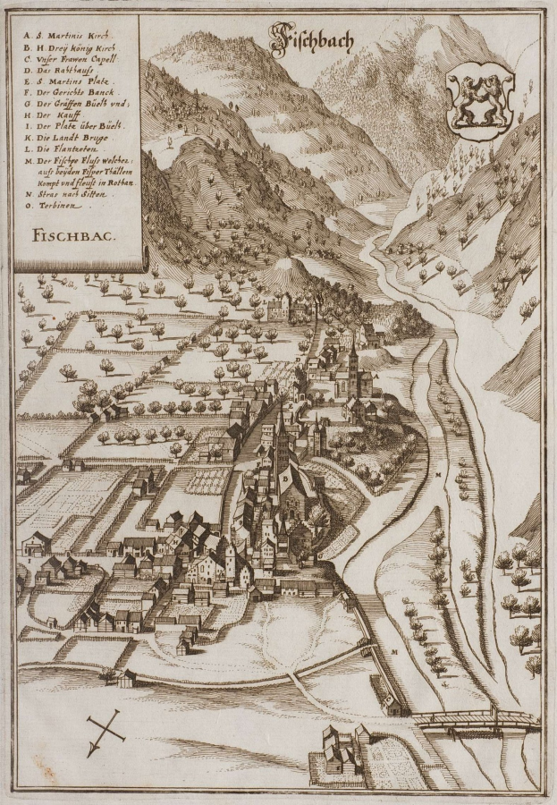 Alte Karte von Fischbach, Deutschland, mit H├Ąusern, B├Ąumen, Hügeln, einem gewundenen Fluss, Text und einem Logo auf vergilbtem Papier.