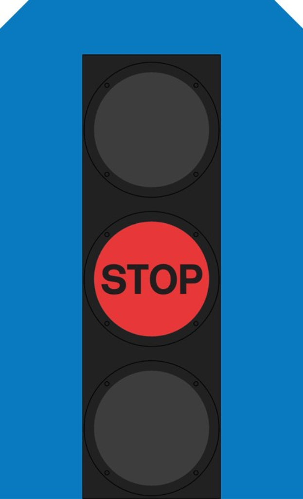 Ampel mit rotem Halteschild vor einem blauen Himmel.