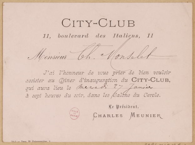 Ein altes Dokument mit der Aufschrift 'City Club', begleitet von etwas Text und einem Stempel.