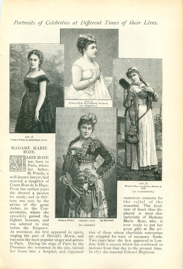 Altes Buchcover mit der Aufschrift 'Porträts von Promis zu verschiedenen Zeiten ihres Lebens' mit einer zentralen Illustration einer Frau in einem langen, hochgeschlossenen Kleid mit einem Dutt.