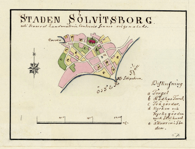 Detailierte Karte der Stadt Staden Solvitsborg, Schweden, mit Straßen, Gebäuden und Sehenswürdigkeiten auf Papier.