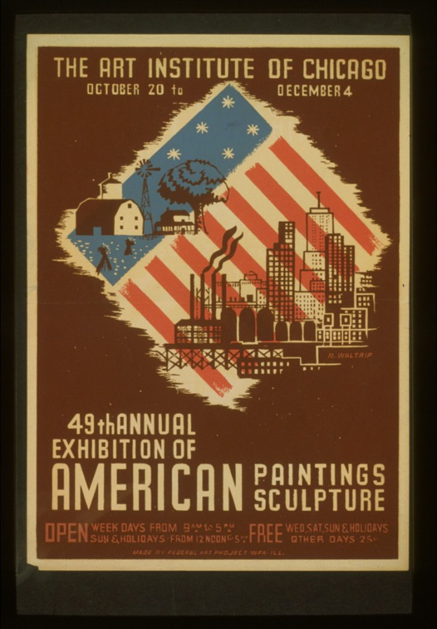 Plakat für die 49. Jahresausstellung amerikanischer Malerei und Skulptur des Art Institute of Chicago mit textuellen und bildlichen Elementen zum Thema.