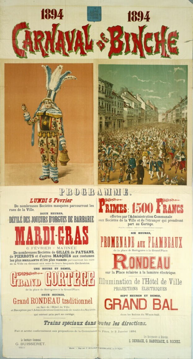 Ein Vintage-Plakat, das ein Karneval in Banche, Frankreich, bewirbt, zeigt Illustrationen von Menschen, Gebäuden und Text.