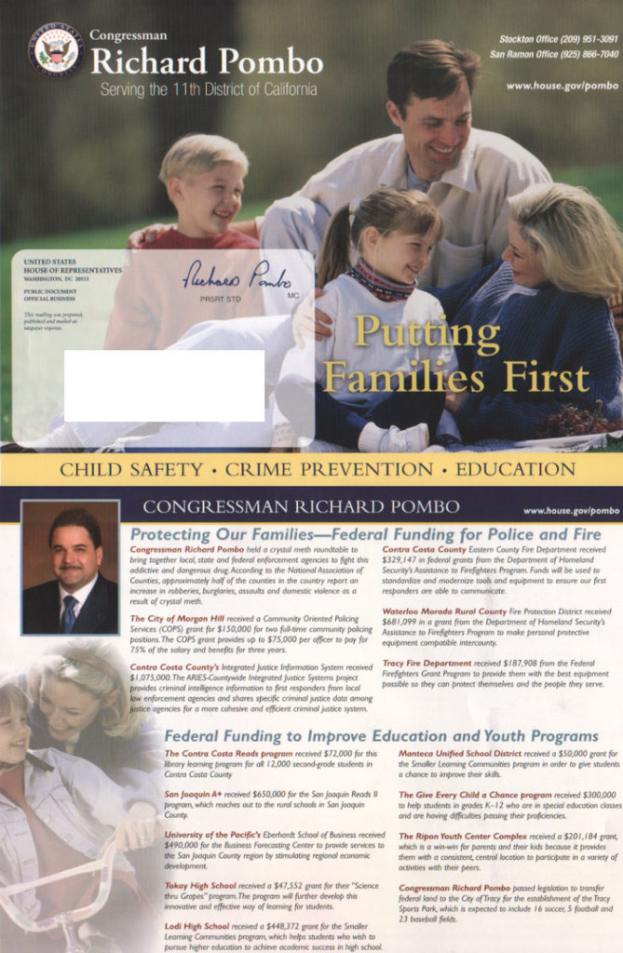 Ein Prospekt mit verschiedenen Fotos, Texten, einem Logo, einer Signatur und Zahlen.