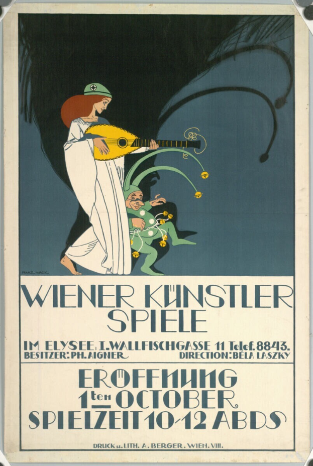 Ein Plakat, das ein Konzert in Wien, Österreich, ankündigt, auf dem eine Frau ein Musikinstrument spielt und Text darauf steht.