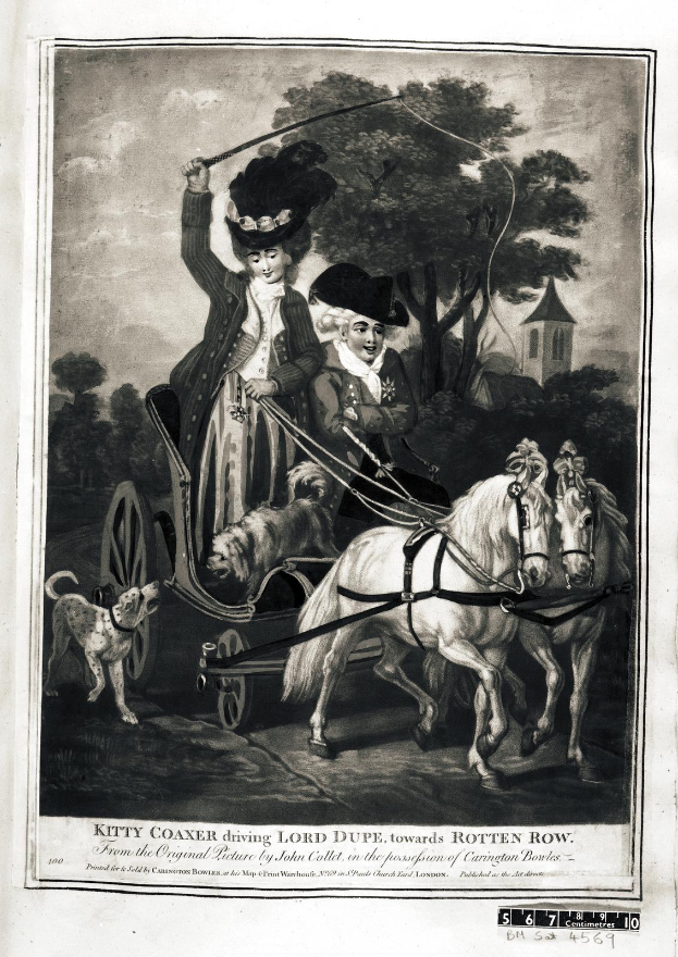 Kitty Coaxer fährt mit zwei Pferden und einem begleitenden Hund in einer Kutsche Richtung Rotten Row; Bäume und ein Gebäude sind im Hintergrund zu sehen, mit Text unten.