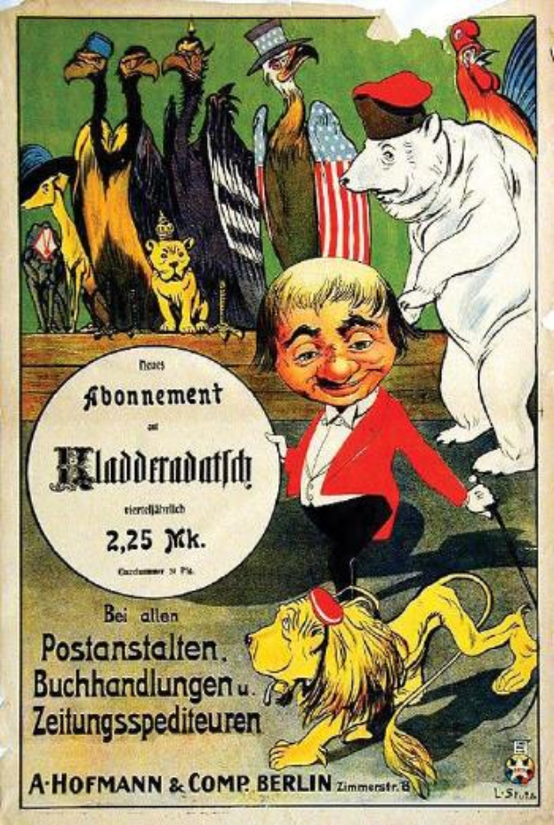 Ein altes deutsches Propagandaplakat für die Berliner Olympischen Spiele, das einen Mann in Anzug und Hut umgeben von verschiedenen Tieren, Vögeln und einer Flagge zeigt, mit begleitendem Text.