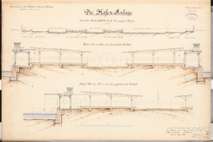 Ein altes Buch mit einer detaillierten Zeichnung eines Bahnhofs, einschließlich Gleise, Bahnsteige und andere Merkmale, mit begleitendem Text über die Geschichte des Bahnhofs.