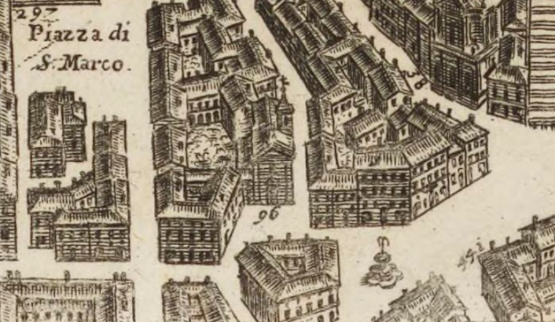 Ein detailliertes Zeichnung einer Stadt mit verschiedenen einzigartig gestalteten Gebäuden und begleitendem Text.