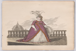 Frau in einem purpurweißen Kleid mit Federn auf dem Kopf, die vor einem Geländer mit einem Gebäude und Wolken im Hintergrund steht, beschriftet mit "Fashion of New York, New York Street, 1790".
