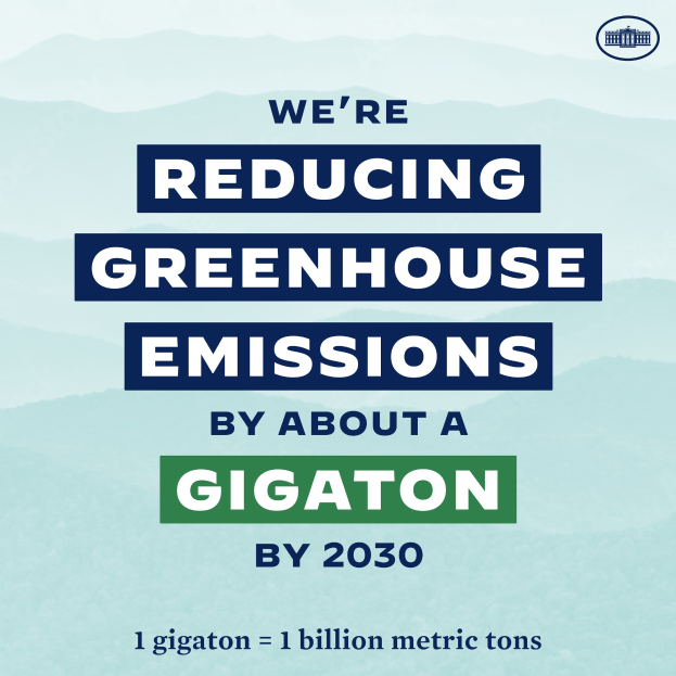 Plakat mit Text und Logo, das 'Wir reduzieren die Treibhausgasemissionen um etwa eine Gigatonne bis 2030'.