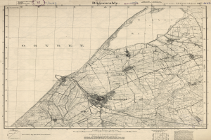 Ein detaillierter alter Stadtplan von Rügenwalde, Deutschland, der Straßen, Gebäude und Sehenswürdigkeiten zeigt, mit Text und einem Stempel auf dem Papier.
