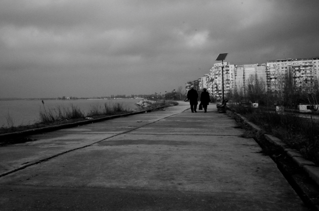 Ein Schwarz-Wei├č-Bild, das einige Geb├Ąude, trockene B├Ąume, Wasser, einige Menschen, den Himmel und mehrere Solarpanels auf St├Ąnden zeigt.