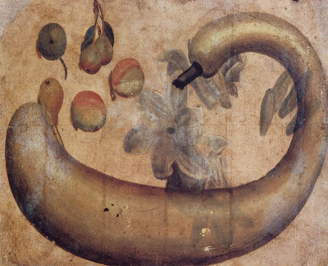 Gemälde einer Banane mit einer Blume darauf, umgeben von verschiedenen Früchten und Blättern auf Papier mit leuchtenden Farben und deutlichen Details.