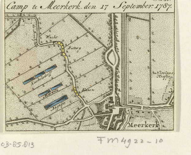 Ein detaillierter Stadtplan von Meerkerk, Niederlande, mit Straßen, Gebäuden und Sehenswürdigkeiten, versehen mit Text und Zahlen.