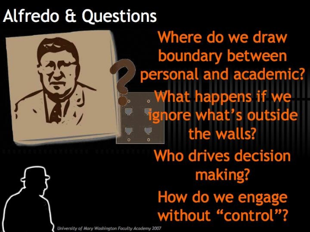 Plakat mit einem Foto von Alfredo und Fragen zu den Grenzen zwischen privatem und akademischem Leben, externen Einflüssen, Entscheidungsfindung und Engagement.