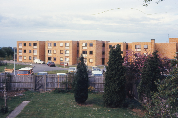 Eine Szene mit Gebäuden, Bäumen, Pflanzen, Autos und anderen Objekten.