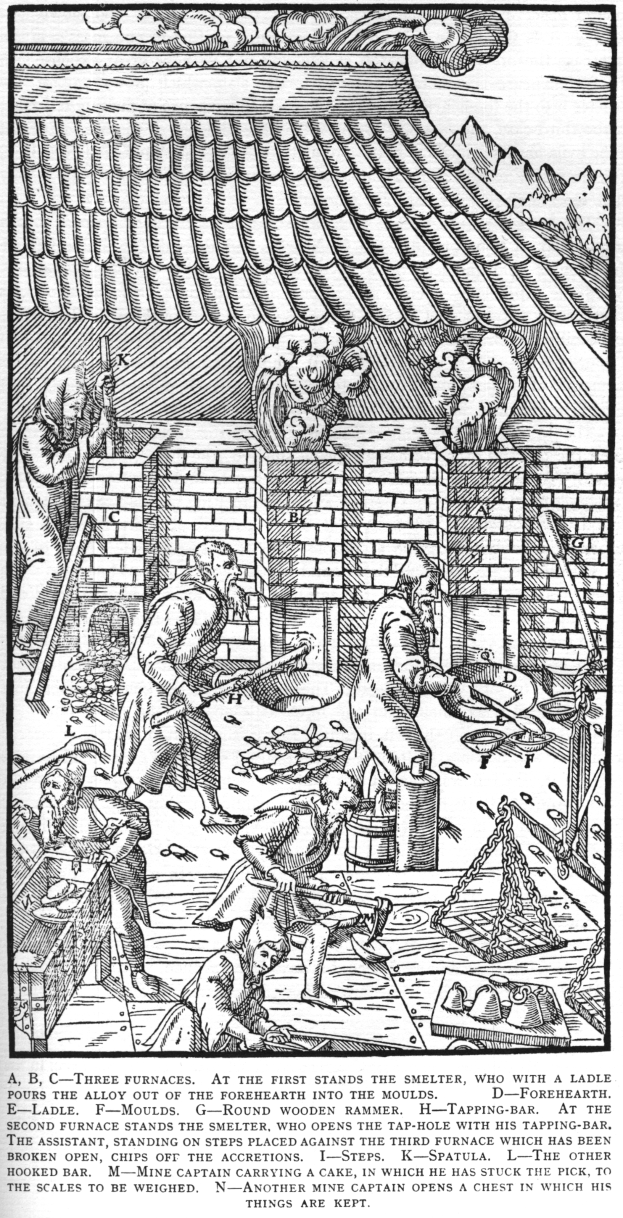 Eine Schwarz-Weiß-Zeichnung einer Gruppe von Menschen, die in einer Fabrik arbeiten, mit einem Haus im Hintergrund, Text unten lautet "A.B.C. Drei Öfen am Ersten steht der Schmelzofen".