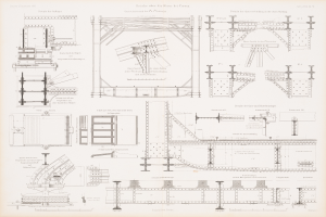 Ein detailliertes Bild einer Eisenbahnbrücke in einem Buch, das ihre Bögen, Balken und andere konstruktive Merkmale zeigt, mit begleitendem Text, der ihren Aufbau beschreibt.