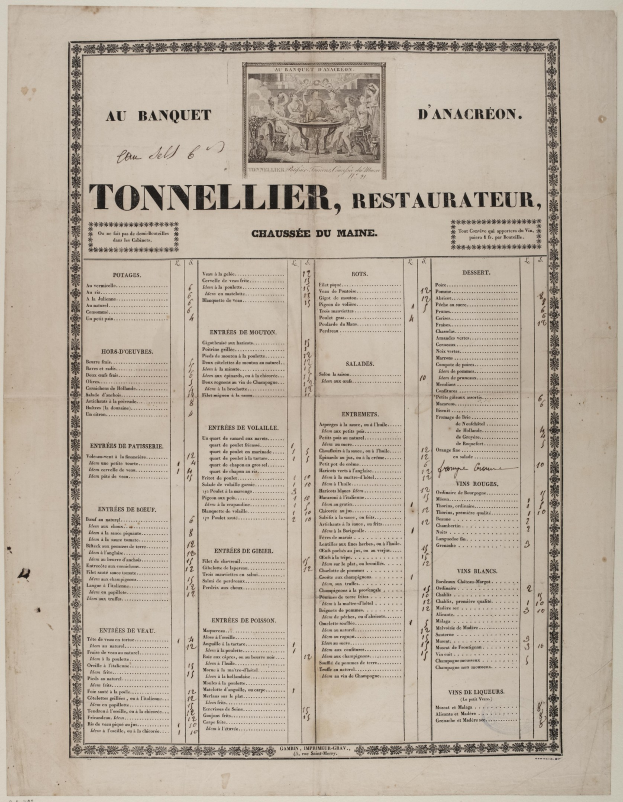 Ein altes Buch mit einer Restaurantkarte, das Text und ein Bild enthält, das die Angebote des Restaurants beschreibt.